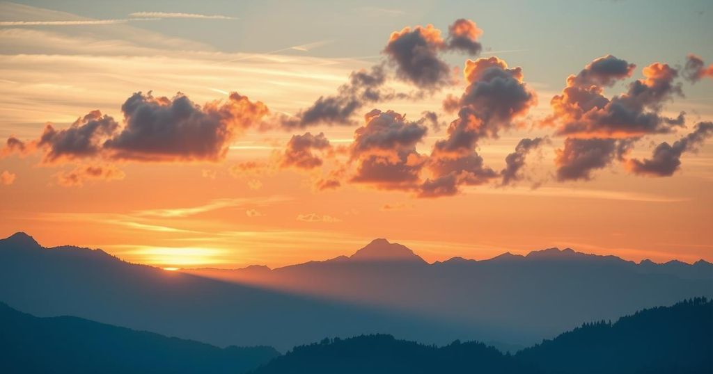 Partly cloudy skies over mountains with a vibrant sunset, capturing the calm and beauty of evening weather.