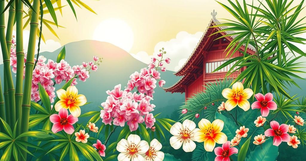 A vibrant, colorful depiction of cultural unity between Brazil and Japan featuring traditional elements from both countries.