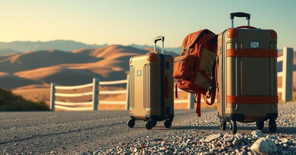 A journey of resilience with suitcases crossing a border amidst scenic landscapes, capturing hope and transition.