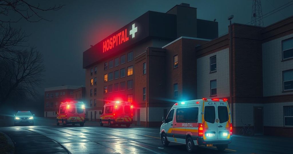 An illustrative scene showing a hospital building with emergency vehicles at night, conveying urgency and tension.