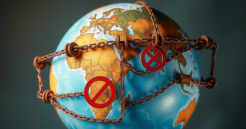 A divided globe symbolizing restricted travel and geopolitical tensions, with chains and barriers in earthy tones.
