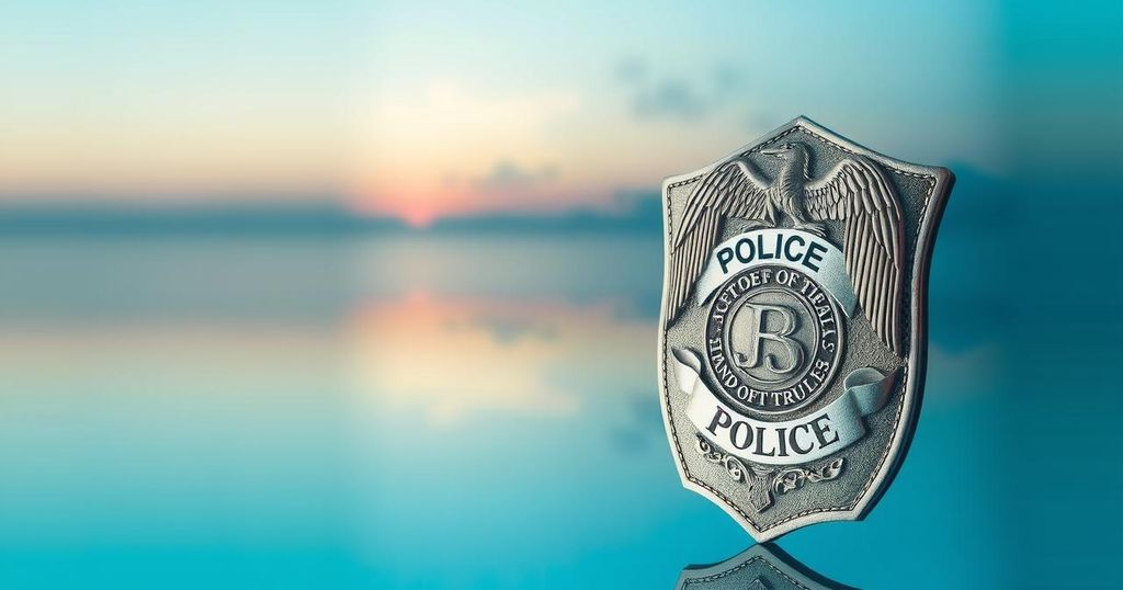 A serene image of a police badge surrounded by a calm, blue and green color palette, symbolizing accountability and justice.