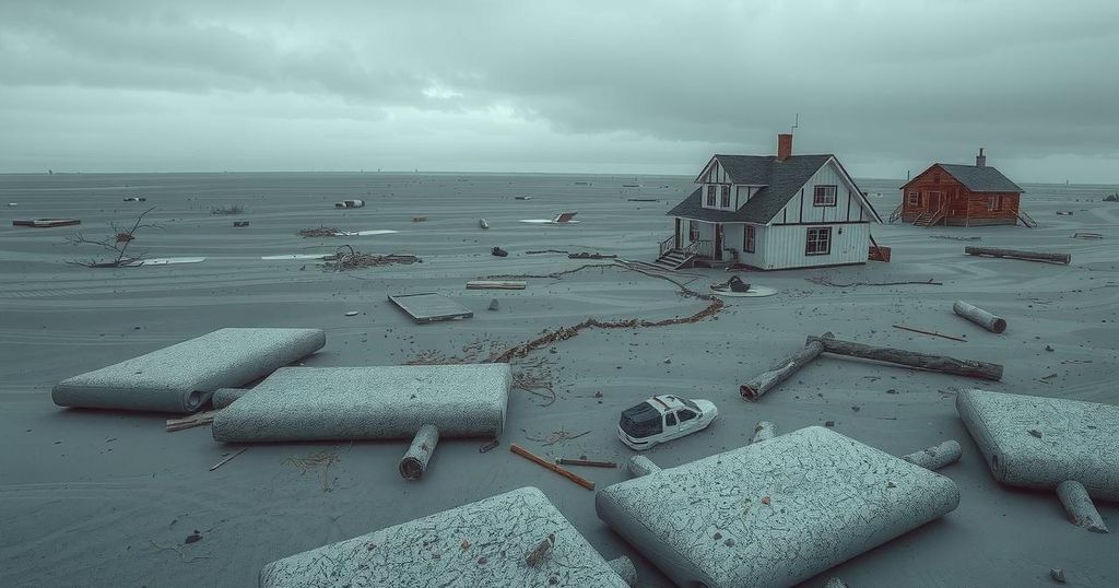 Desolate landscape post-flood featuring debris and remnants of homes, capturing a sense of loss and recovery.