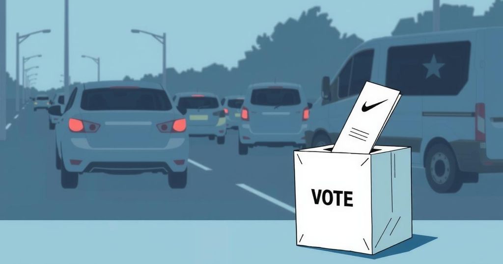 A symbolic representation of caution in adopting technology for voting, featuring a ballot box and slow traffic.