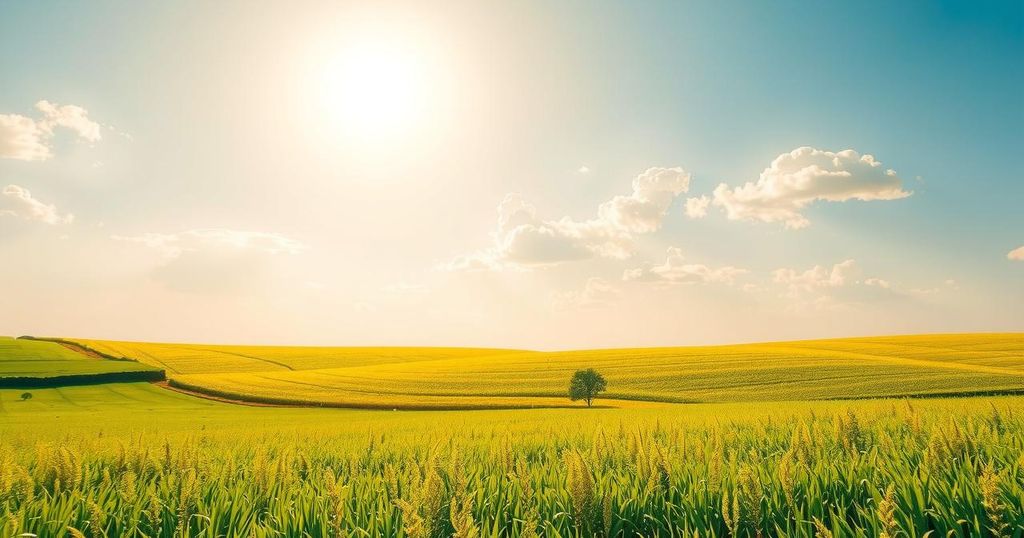 A sunny landscape depicting a vibrant summer day with clear skies and green fields.