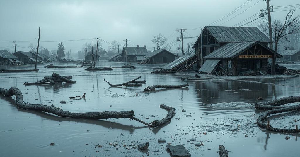 A devastated landscape from floods with ruined buildings and debris, showcasing the aftermath of a natural disaster.