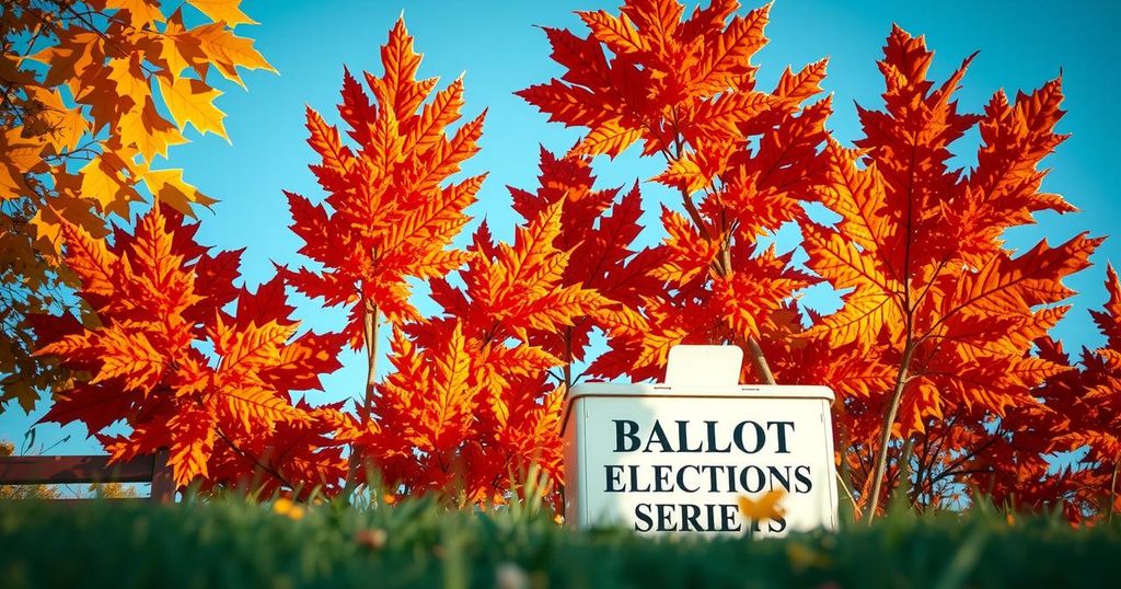 A serene ballot box surrounded by autumn foliage, symbolizing local elections and civic engagement.