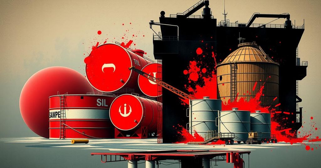 A vibrant abstract representation of geopolitical tension, featuring oil tanks and symbolic sanctions imagery in bold colors.