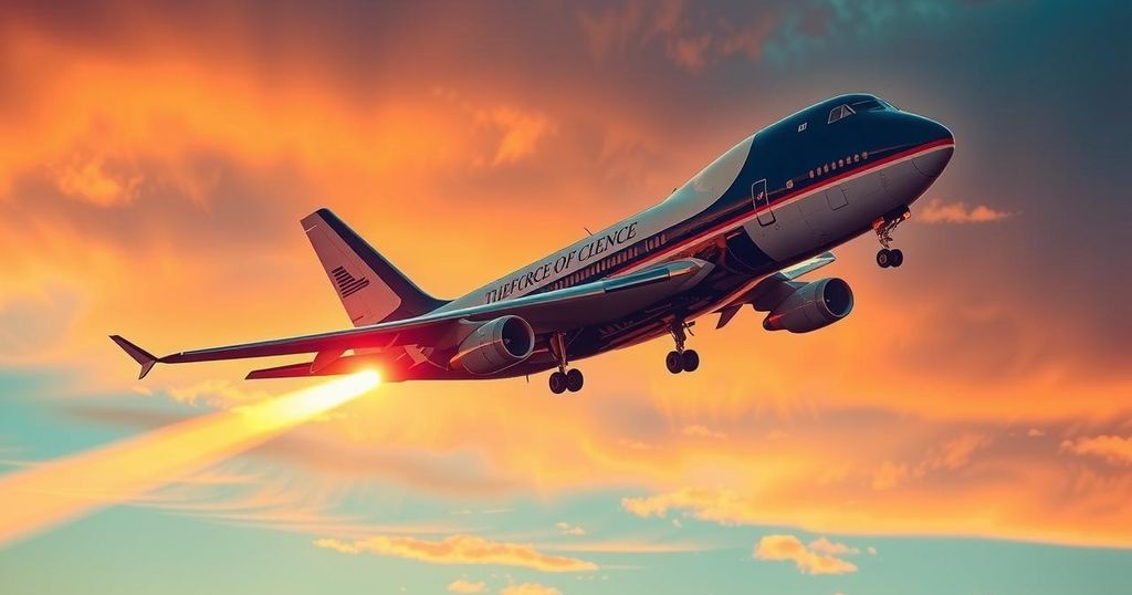 Aero-themed Air Force One flying through a sunset sky, symbolizing political triumph and international diplomacy.