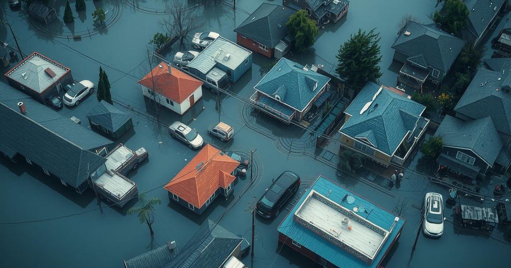 Aerial view of flooding in an urban landscape, showing submerged structures and extensive water accumulation in Kinshasa.