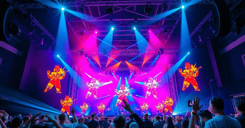 A vibrant concert scene with colorful stage lights and musical equipment, symbolizing a live music event in Mexico.
