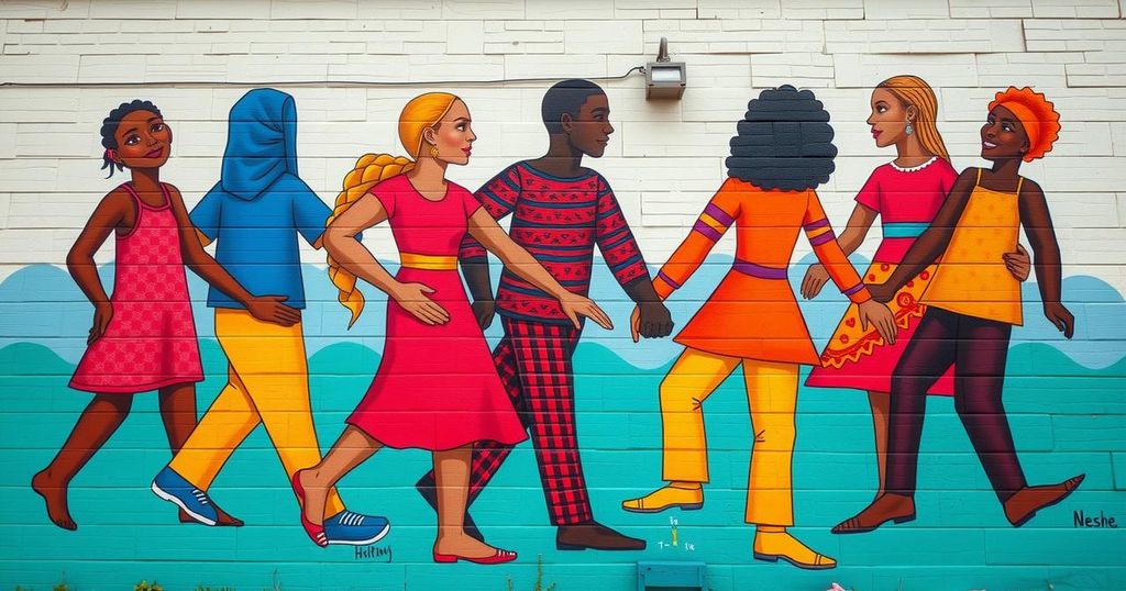 A montage depicting the Haitian community in Massachusetts with symbols of resilience and unity in muted colors.