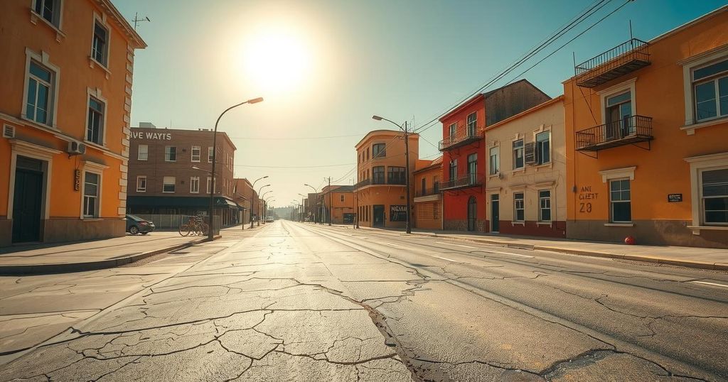 Deserted City Streets in Extreme Heat with Bright Sunlight