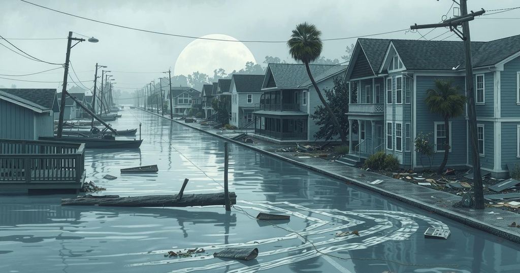 Hurricane impact scene showing flooded areas with debris and damaged buildings in a coastal town aftermath.