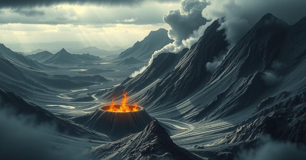 A dramatic mountain landscape with craters and smoke, representing a pivotal military operation.