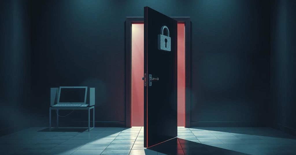 A dark-toned artistic rendering of a locked door symbolizing safety and protection in digital interactions.