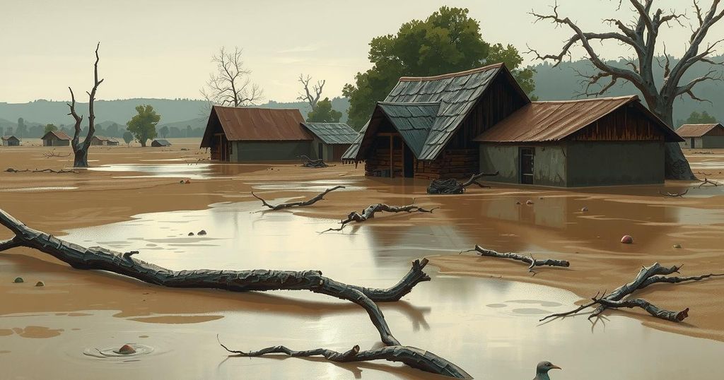 A muddy landscape with submerged homes and debris after a flood in rural South Africa, showcasing destruction and loss.