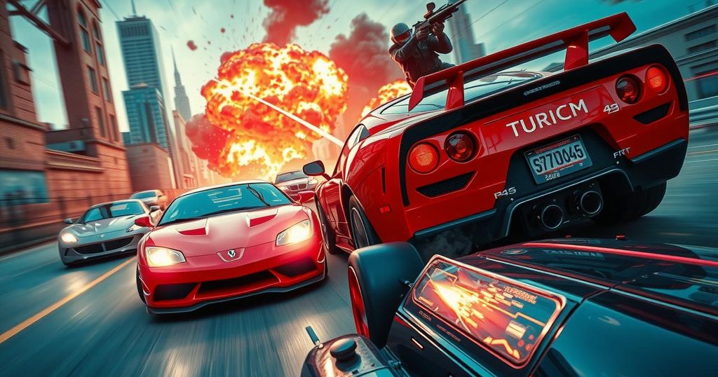 Dynamic action scene showcasing thrilling film production in Thailand with vibrant colors and intense motion.