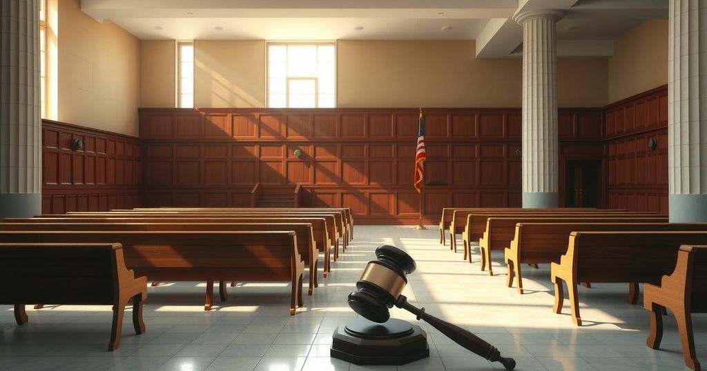 A Dominican Republic courtroom with empty benches and soft lighting, reflecting somber justice themes.