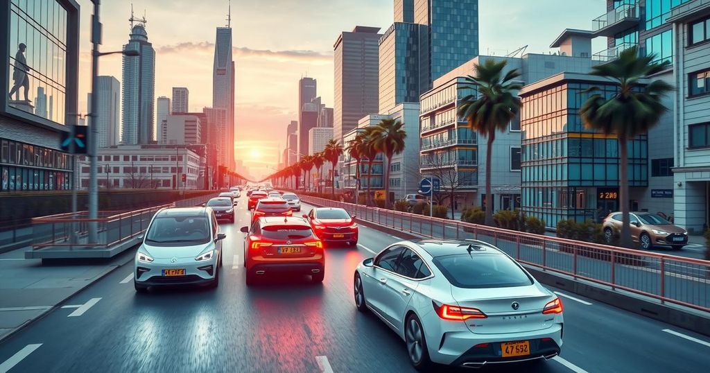A vibrant cityscape highlighting electric vehicles, showcasing a modern and eco-friendly urban environment.