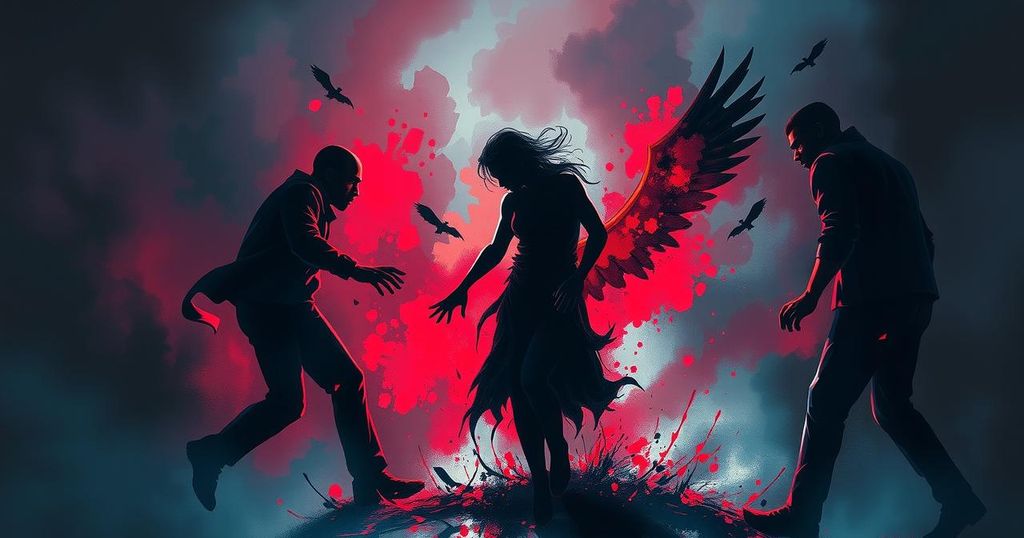 A dramatic confrontation over a romantic dispute with blurred surroundings and dark color palette.