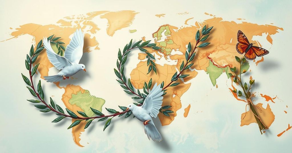 Symbolic representation of global peace with olive branches, doves, and world maps in harmonious colors.