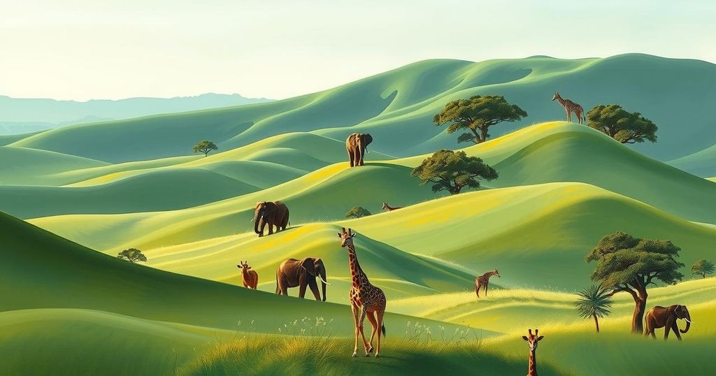 A serene landscape in Kenya featuring lush green hills and diverse wildlife under a vibrant blue sky.