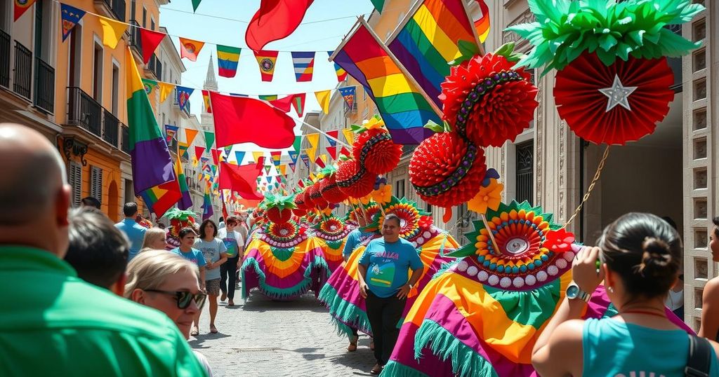 Colorful abstract representation of a vibrant Chile Pride Parade with rainbow colors and festive decorations.