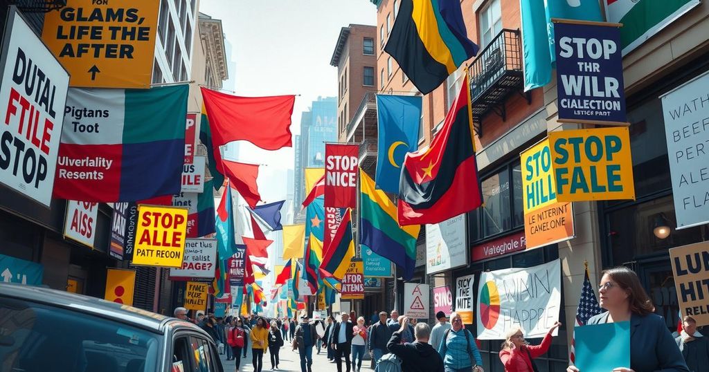 A vibrant street scene depicting protest banners and signs in a lively urban setting, celebrating freedom of expression.