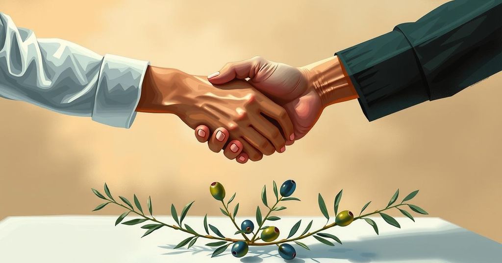 Peace agreement signing between two nations symbolized by a handshake and olive branches, in vibrant colors.