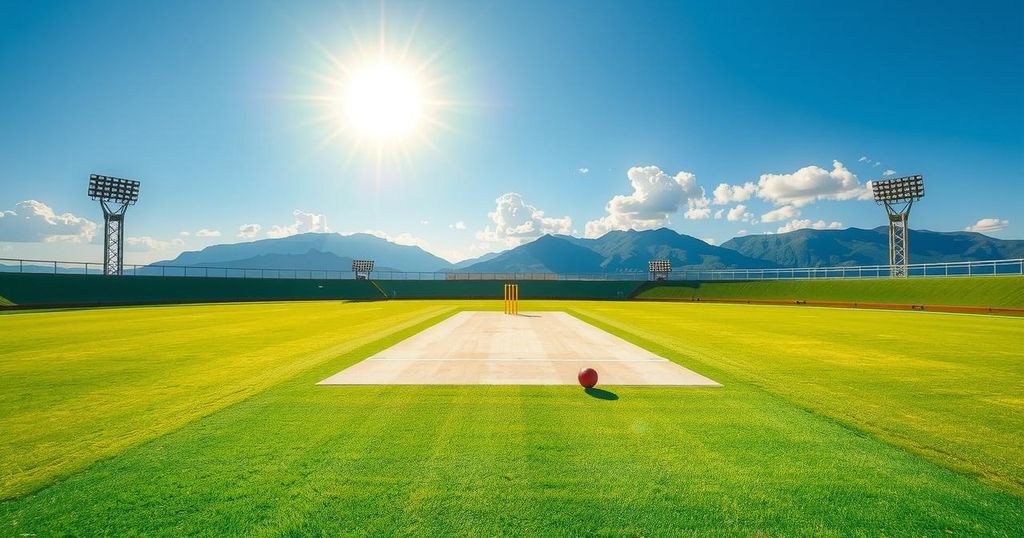 A cricket field under sunny skies, with a pitch in the center, surrounded by lush green grass and distant mountains.