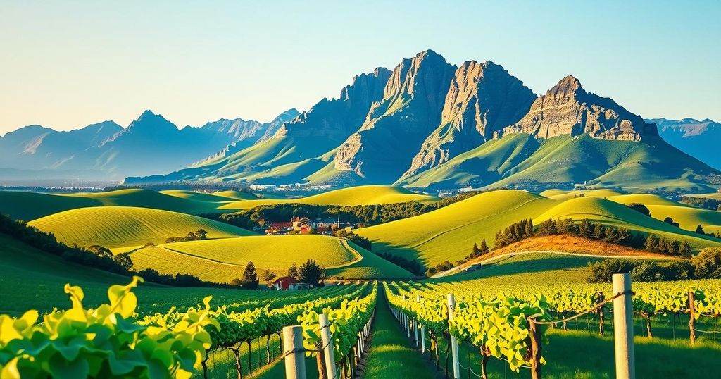 A scenic view of Table Mountain with lush vineyards in the foreground, embodying South African luxury travel.