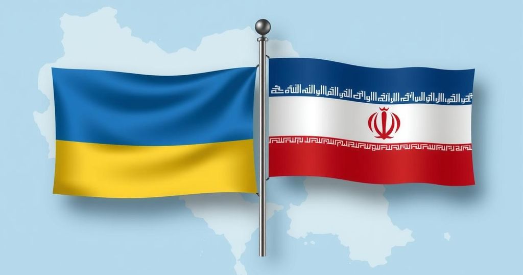 Two symbolic flags representing diplomacy with shades of blue and gray, featuring a map outline of Ukraine and Iran.