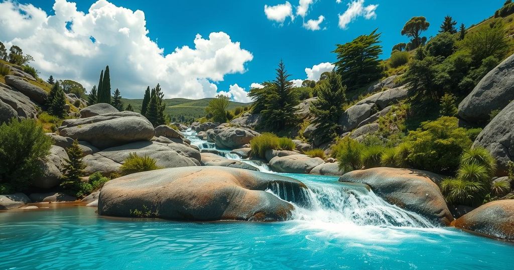 A picturesque view of a water plunge in Chile, surrounded by lush greenery and bright blue skies.