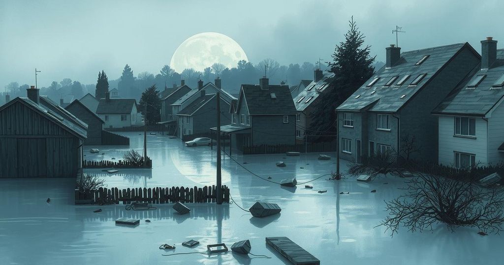 Submerged town showcasing flood impacts with roofs above water and debris scattered, capturing nature's force and resilience.