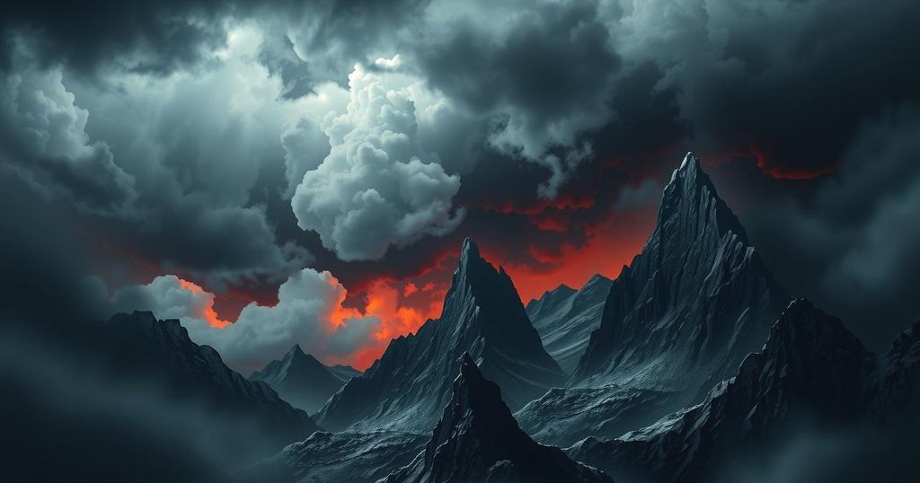 A dramatic landscape illustrating tensions, featuring stormy skies and rugged terrain, echoing conflict themes.
