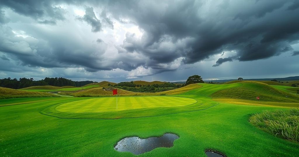 A lush, drenched golf course under cloudy skies, showing wet grass and puddles, depicting weather impact on golfing.
