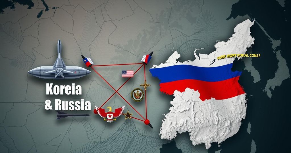 A map highlighting cooperation between North Korea and Russia with military symbols and flags, in muted colors.