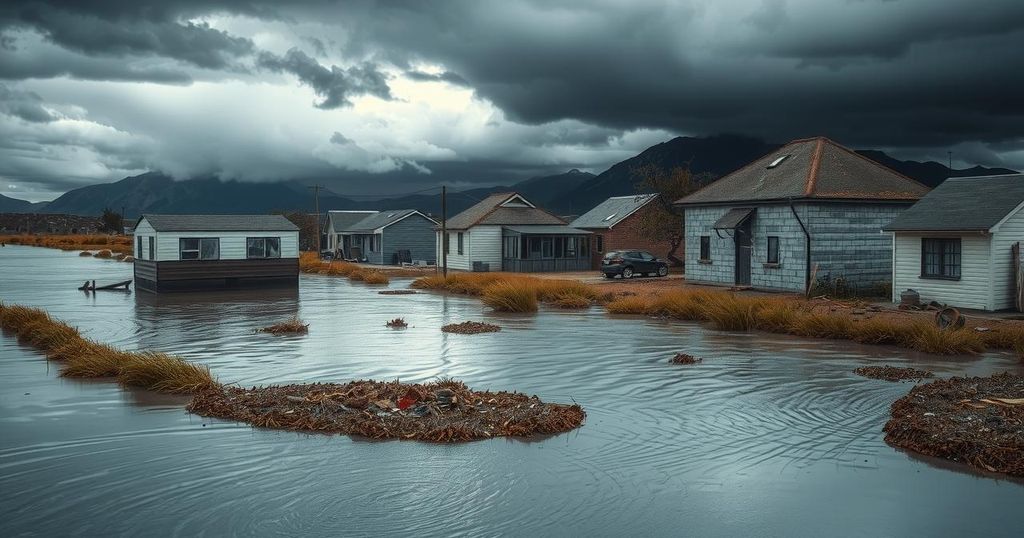 Flooded landscape in Eastern Cape, South Africa, showcasing debris and submerged houses, with stormy skies overhead.