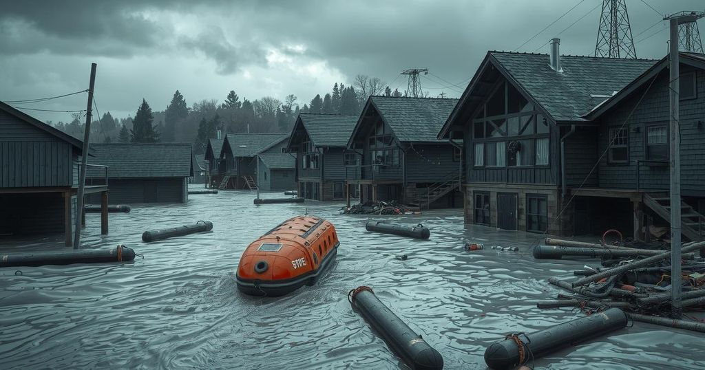 Rescue operation at a flooded area with submerged buildings and debris, under overcast skies.