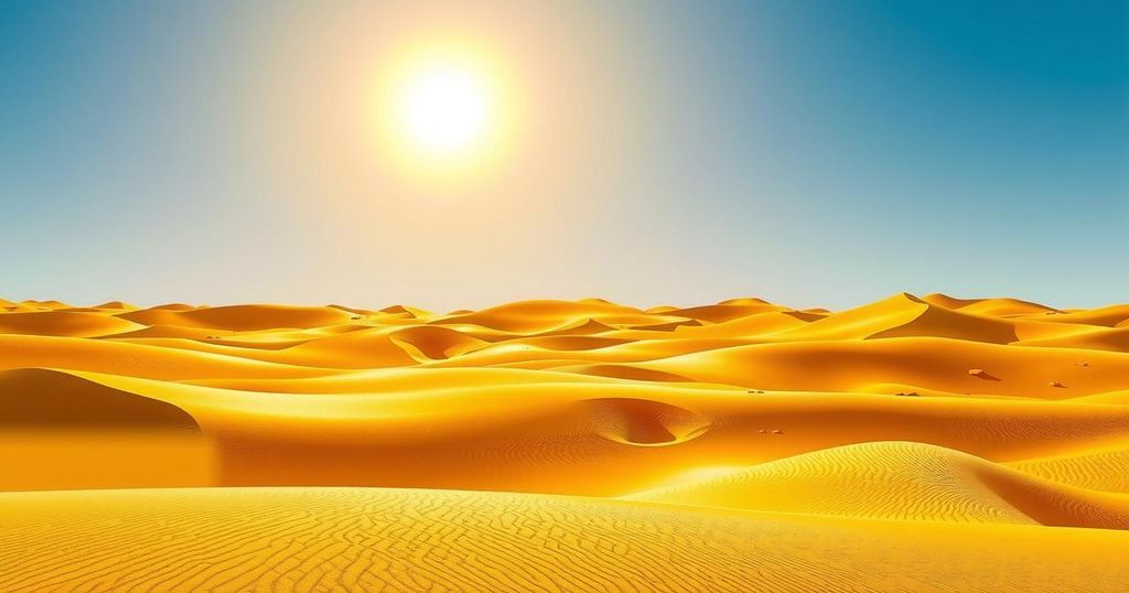 Landscape of Moroccan desert under bright sun with vibrant hues, depicting extreme heat and dry conditions.