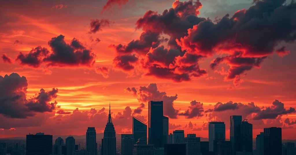 Dramatic sunset over a city skyline, reflecting tension, with dark clouds and fiery hues.
