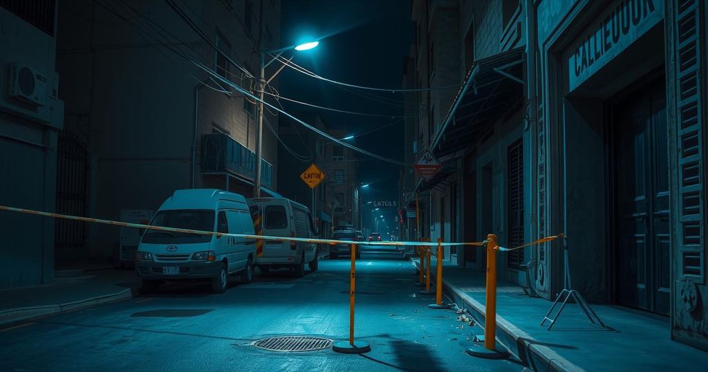 Dark and moody street scene in Ecuador, depicting an empty alley with police tape and caution signs.