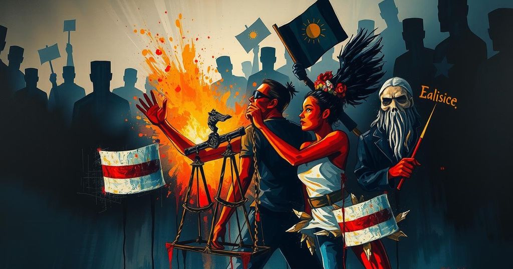 An abstract representation of justice and protest featuring dark tones and strong contrasts symbolizing tension.