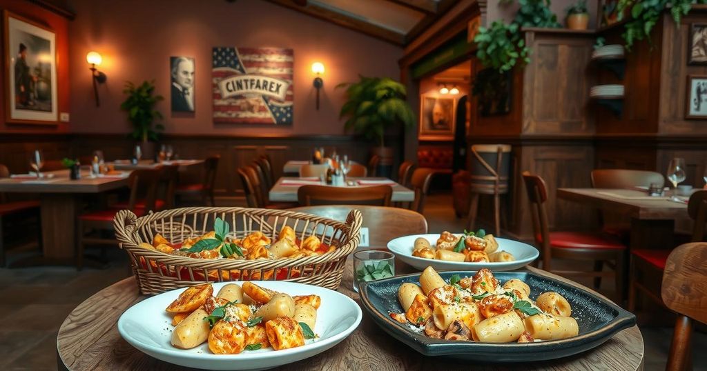 A cozy Italian restaurant interior featuring a warm ambiance and rustic decor, with pasta dishes on display.
