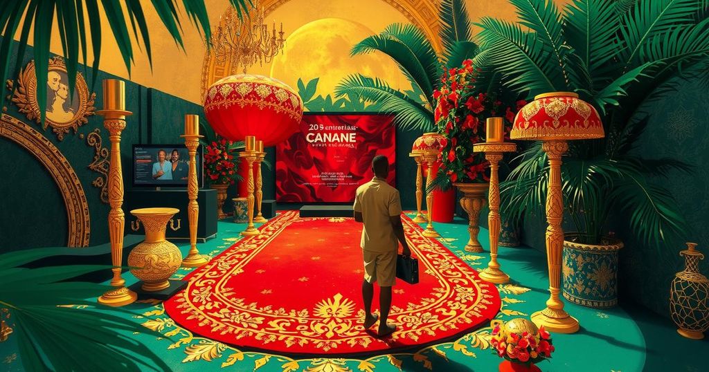 A vibrant climax at Cannes Film Festival showcasing Nigerian cinema with celebratory colors and artistic flair.