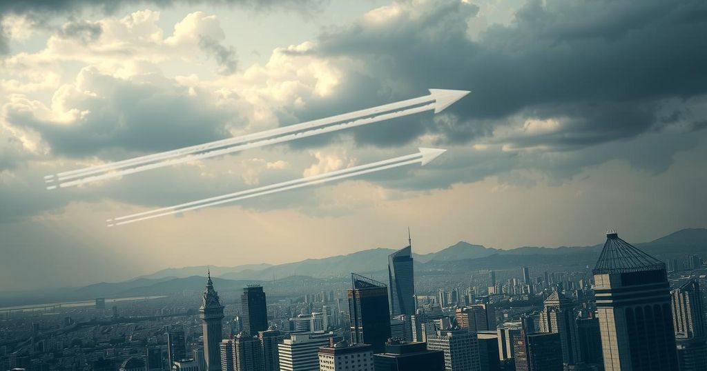 Dramatic aerial view of Tehran skyline filled with clouds and jet trails, evoking tension and conflict.