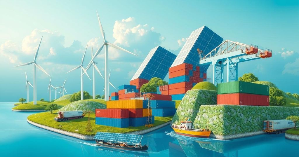 A vibrant depiction of a global market landscape influenced by political cycles, featuring green energy and trade elements.