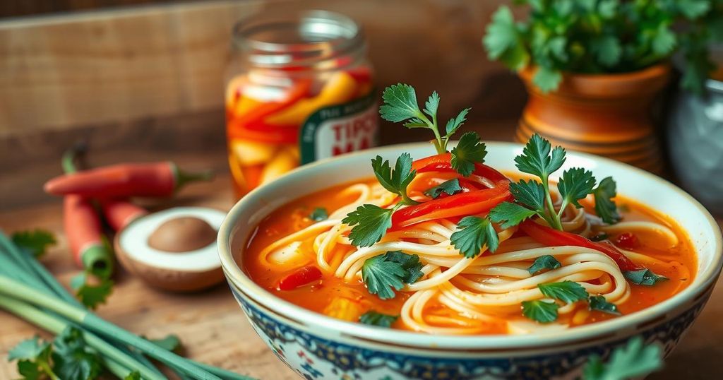 A vibrant Vietnamese noodle dish garnished with scallions and cilantro, showcasing culinary creativity.