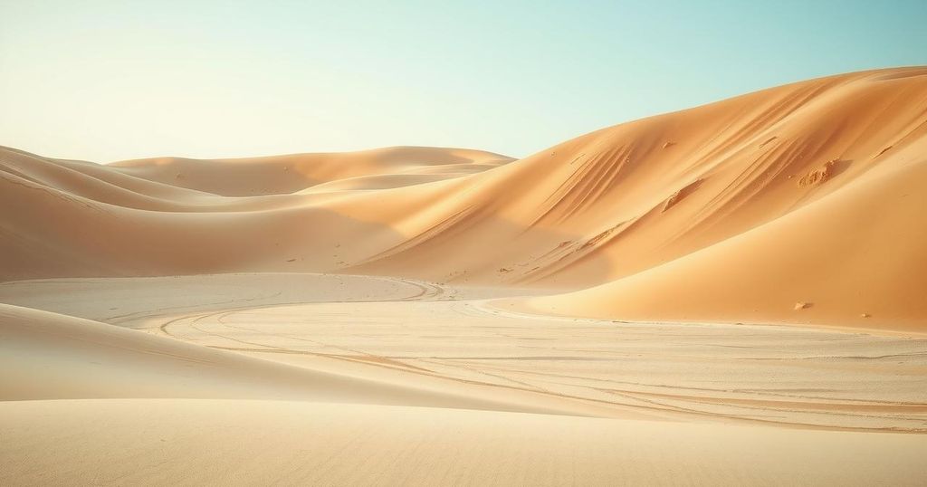 A serene landscape depicting a sandy excavated area with a peaceful sky, symbolizing loss and resilience.